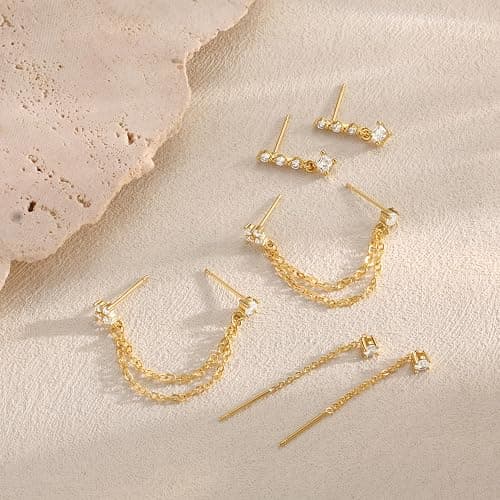 Moodear Dangle Earrings 3/4 Pairs Dainty 14K Gold Plated Earrings for Women Trendy Chain Earring Stacks Set Cubic Zirconia Drop Hoop Stud Hypoallergenic Earrings for Women Jewelry Gifts thumbnail 8