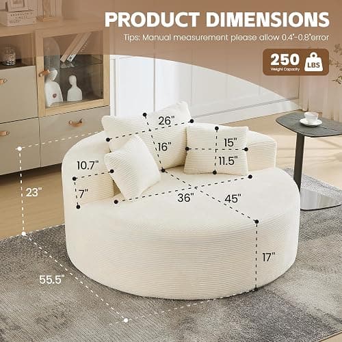 55" Oversized Round Chaise Lounge Indoor, Corduroy Boneless Bean Bag Chair, Compressed Cloud Floor Sofa, No Assembly Comfy Oversized Round Chair Fluffy Accent Chair for Living Room Bedroom, Beige thumbnail 2