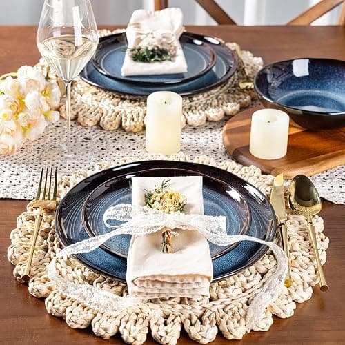 LeRatio Ceramic Dinnerware Sets for 4,Wavy Reactive Glaze Stoneware Plates and Bowls Sets,Highly Scratch Resistant | Dishwasher & Microwave,Oven Safe Dishes Set(12PCS) thumbnail 2