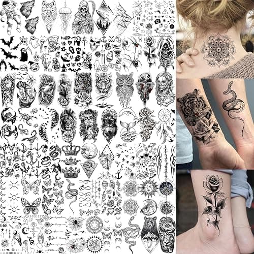 75 Sheets Skull Temporary Tattoos For Men Adults Forearm, Halloween Zeus God Lion Poseidon Half Arm Sleeve Tattoo For Women Jesus Christ Skeleton Dragon Owl, Realistic Fake Tattoo Stickers Wolf Tiger thumbnail 5