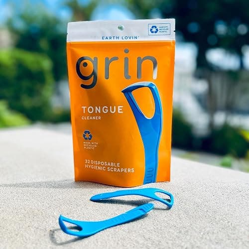 GRIN Tongue Cleaner, 32 Count, Disposable Tongue Cleaner, Hygienic Scraper, Recycled Plastic, Clean Tongue, Promote Fresh Breath, Includes Safe Fold- Back Tooth Pick (Pack of 2) thumbnail 7