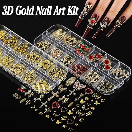 BANA Nail Charms for Rhinestones Kit with 13 Boxes of Nail Gems, 18000Pcs 3D Gold and Silver Nail Charms with Cross, Crown, Pearls for DIY Nail Designs thumbnail 3