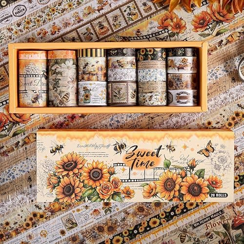 Washi Tape Set 20 Rolls - Vintage Bee Floral Butterfly Botanical Washi Tape Kit, Cute Retro Decorative Tapes for Scrapbooking Supplies,Junk Journal, Bullet Journaling, DIY Art Crafts, Gift Wrapping - Image 1