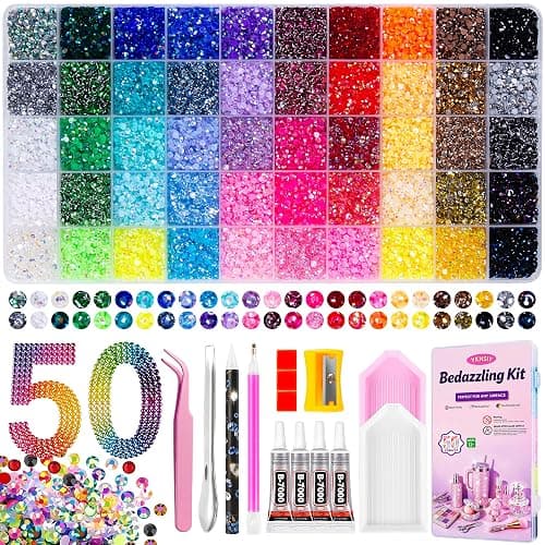 Bedazzling Kit 44000Pcs 50 Colors 3mm Resin Jelly Rhinestones - Diamond Art | Multicolor Flatback Gems Nail Crafting Makeup, with 4Pcs 10ml B7000 Jewelry Glue & Tools - Christmas Birthday Gifts for Women - Image 1