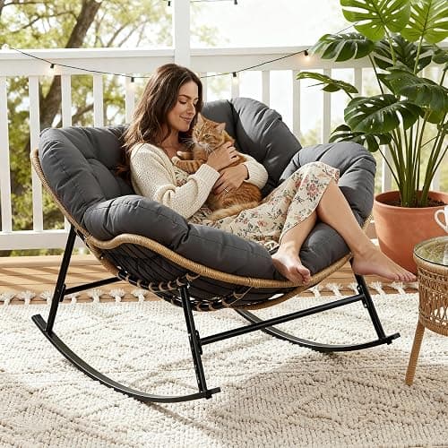 NICESOUL Rocking Papasan Chair Indoor Outdoor, Cushioned Patio Rattan Rocker, Oversized Large Egg Royal Rocking Chairs, 450lbs Sturdy Comfy Lounge Glider for Outside, Balcony, Porch, Xmas Gift, Grey thumbnail 3