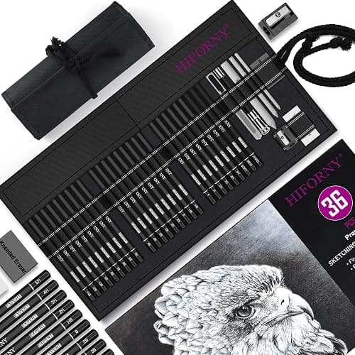 HIFORNY 36 PCS Sketching Drawing Pencil Set,Sketch Pencils Art Supplies with Graphite,Charcoal,Blending Tools,Accessories,Drawing Kit for Adults Artists in Canvas Roll Up Case thumbnail 4