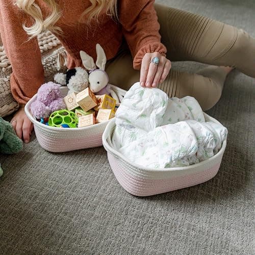 NaturalCozy 5-Piece Rectangle Storage Basket Set- Natural Cotton Rope Woven Baskets for Organizing! Small Basket for Montessori, Baby Nursery, Dog Toy Baskets, Cat Toy Box, Bathroom Organization Bin thumbnail 2