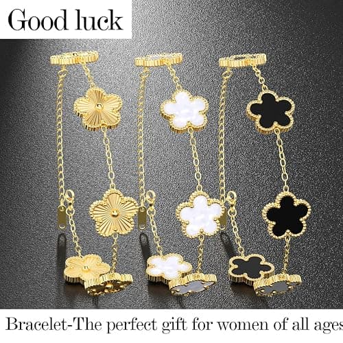 AICase 18K Gold Plated Clover Bracelet Dupes Gold/White/Black Bracelet Set for Women Flower Leaf Lucky Clover Bracelets Trendy Jewelry Birthday Gifts for Women/Mon/Friends thumbnail 3