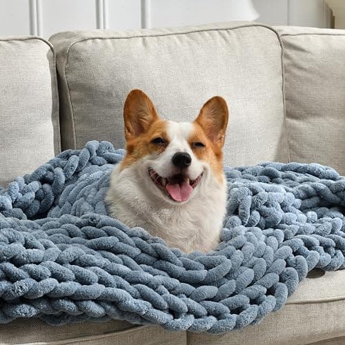 Feabuccy Soft Chunky Knit Blanket, 50X60 in Handmade Thick Chenille Yarn Throw Without Shedding & Raveling, Aesthetic & Cozy Home Decor with Couch Sofa Bed, Gift Pack, Airy Blue - Image 1