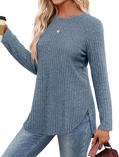 Saloogoe Long Sleeve Shirts for Women 2025 Fall Clothes Tunic Tops Loose Fit Dressy Crewneck Pullover Sweaters Curved Hem thumbnail 2