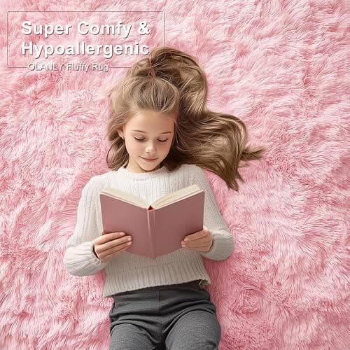 OLANLY Area Rugs for Living Room Bedroom, Machine Washable 4x5.9 ft Soft Fluffy Shaggy Bedside Rug, Indoor Floor Carpet for Kids Girls and Boys, Dorms, Nursery Rooms, Home Decor Aesthetic, Pink thumbnail 9
