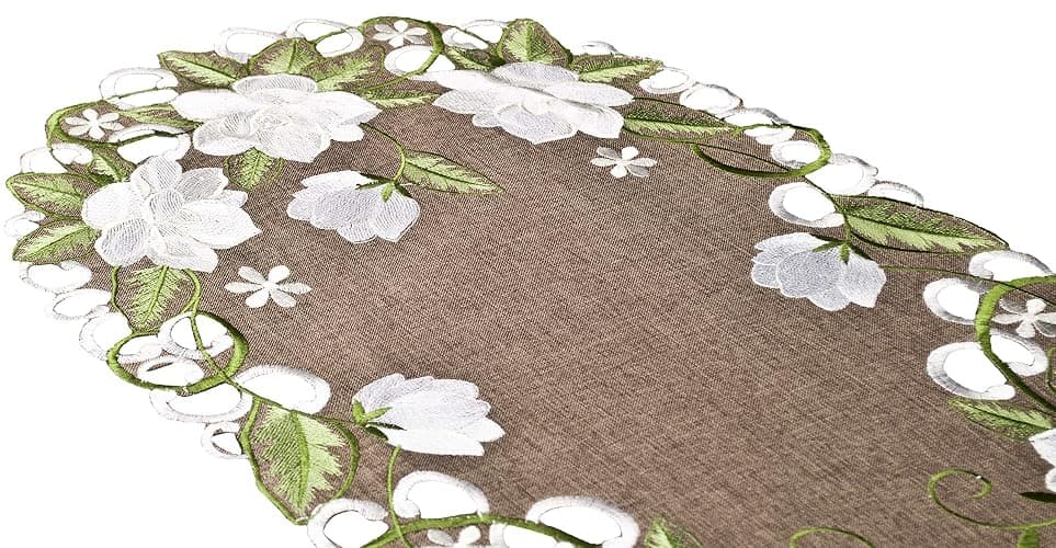 Beautiful White Magnolia Floral Design and Green Leaves Embroidered Cutwork Edges on Brown Polyester Linen, Table Runner, Dresser Scarf (14Wx51.5L) thumbnail 7