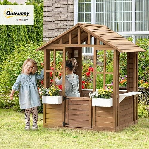Outsunny Kids Outdoor Playhouse, Wooden Cottage with Door & Windows, Brown | Flower pot holder and boxes, garden games cottage for ages 3-8 thumbnail 2