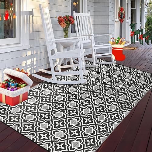 4x6 Outdoor Rug Waterproof Porch Rug,Outdoor Mat 4x6 Small Balcony Mat,Reversible Plastic Straw Rug, Outdoor Rug for Camping Black and White Outdoor Rugs for Patio, Deck, RV, Camping, Beach, Backyard - Image 1