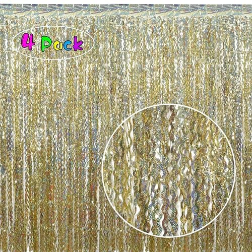 4 Pack Wavy Sparkle Champagne Gold Metallic Tinsel Foil Fringe Curtains Photo Booth Backdrop | Gold Streamer Backdrop for Holiday Celebration Bachelorette Party Decorations thumbnail 4