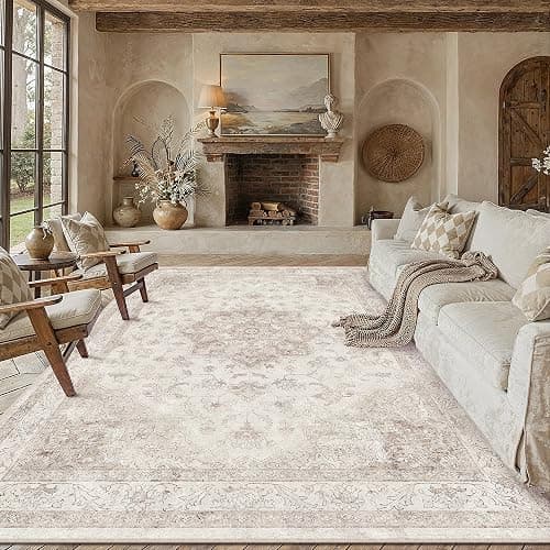 PureCozy Beige Area Rug 8x10 Washable Vintage Carpet for Living Room Bedroom Large Soft Retro Low Pile Thin Indoor Rug Non Slip Oriental Medallion Floor Cover for Dining Room Office - Image 1