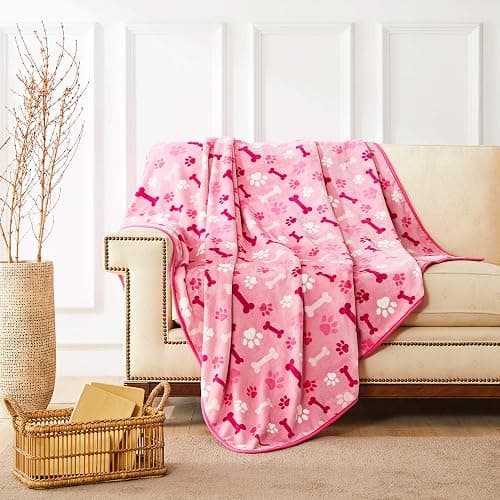 Allisandro Luxurious Dog Blanket, 350 GSM Super Fuzzy Microplush Fleece Pet Blankets for Small Medium Large Dogs and Cats, Pink Paw and Bone, 80" x 64” thumbnail 6