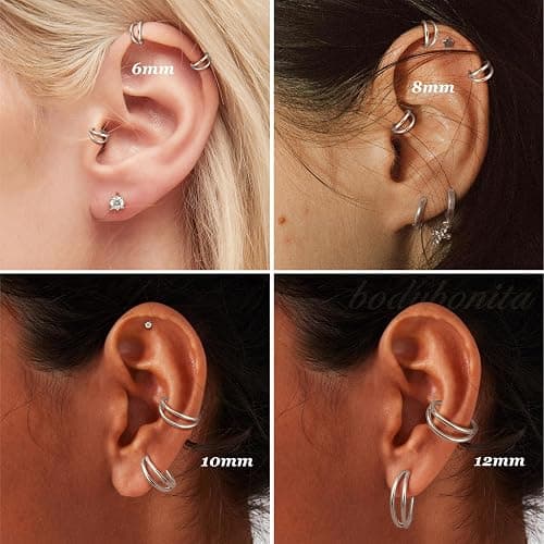 G23 Titanium 16/18/20G Double Triple Hoop Nose Rings Helix Conch Piercing | Septum ClickerTragus Nostril Cartilage Rook Body Piercing Jewelry, 14K Gold Plated, Silver, Black, 6/7/8/9/10/12mm thumbnail 5