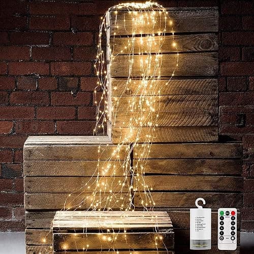VOOKRY 10 Strands 200 LEDs Hanging Twinkle Fairy Lights Battery Operated with Remote, Waterproof Waterfall Vine String Lights Silver Wire Branch Lights with Timer for Outdoor DIY Watering Can Lights - Image 1