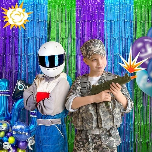 Mega-L Video Game Birthday Decorations, 2Pack Purple Blue Green for Night Backdrop Streamers 3.3x6.6ft Foil Fringe Curtains for Boys Game Fans Holiday Party Supplies Pixel Photobooth Props Wall Decors thumbnail 2