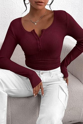 PRETTYGARDEN Women's Fall Long Sleeve Henley T Shirts | Soft Ribbed Knit, Button Up, Slim Fitted, Layering Tops, Plain Basic Tee, Trendy Casual, Spring Outfits, Fashion Clothing thumbnail 7