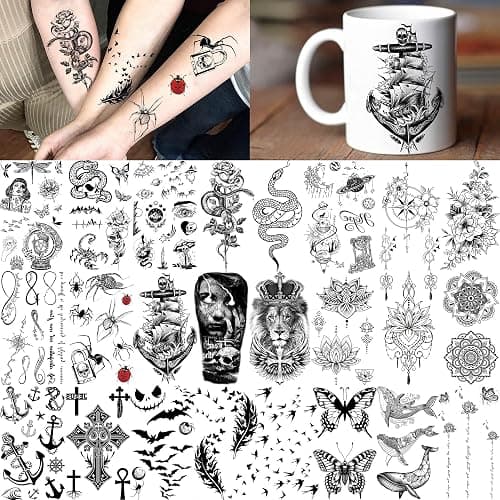 Bilizar 64 Sheets Long Lasting Flower Temporary Fake Tattoos For Women Arm Neck, Jellyfish Sunflower Moon Rose For Adults Girl, 3D Temp Realistic Snake Tatoo Stickers Serpent Peony Floral Kids - Floral thumbnail 5