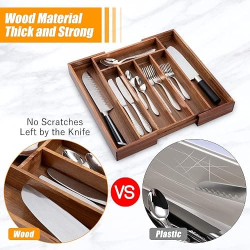 Bellsal Acacia Silverware Organizer Kitchen Drawer Organizer Expandable Bamboo Utensil Holder Cutlery Tray for Kitchen Utensil and Flatware Bedroom Office thumbnail 5