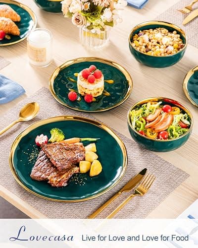 LOVECASA 12 Pieces Plates and Bowls Sets, Porcelain Green and Gold Dinnerware Sets, Round Dinner Plates Dishes Set Service for 4, Dishwasher Safe and Scratch Resistant, Green thumbnail 2