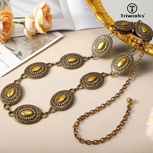 TRIWORKS Western Concho Belt for Women – Gold Chain Cowgirl Boho Belt for Dresses, Jeans & Country Concerts thumbnail 8