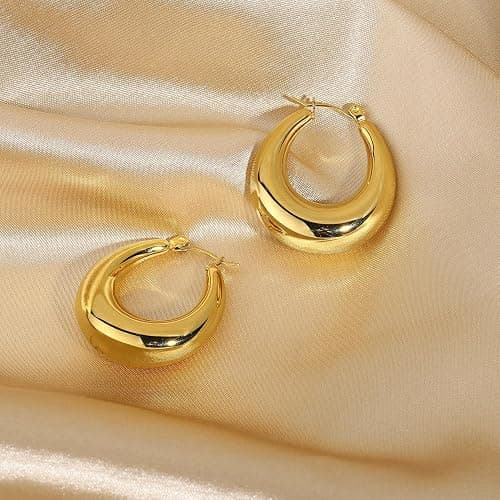 Chunky Gold Hoop Earrings for Women, 14k Gold Plated Thick Triple Hoop Earrings Hypoallergenic Trendy Chunky Gold Hoops Earrings Dainty Jewelry Gifts for Women thumbnail 8