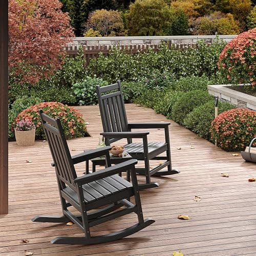 Garvee HDPE Rocking Chair Outdoor Set of 2 with Side Table - Poly High Back Porch Rocker Chairs for Adults - All Weather Resistant Furniture for Patio Front Porch - Black thumbnail 8
