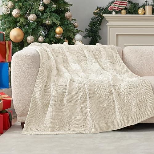 Amélie Home Checkered Chenille Knit Throw Blanket for Couch, Classic Texture Decorative Soft Blanket for Sofa, Chair & Bedroom, 50"x60", Ivory thumbnail 9