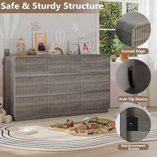 BORNOON Dresser for Bedroom with 9 Drawers, Fluted Chest of Drawers with Round Curved Corner, Hidden Handles, Modern Wood Storage Organizer for Bedroom, Nursery, Living Room thumbnail 4