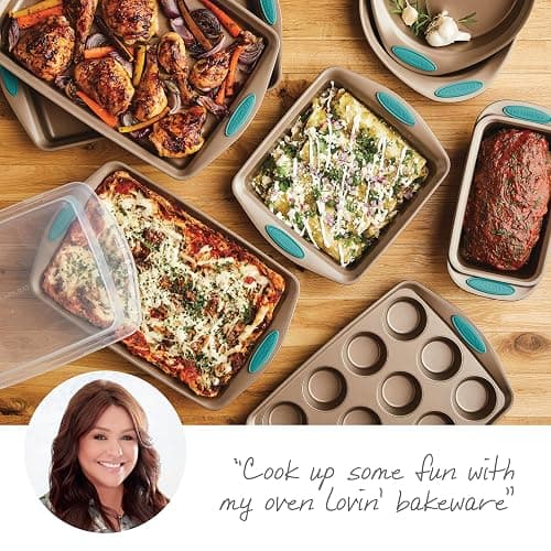 Rachael Ray 47578 Cucina Nonstick Bakeware Set with Grips Includes Nonstick Bread Pan, Baking Sheet, Cookie Sheet, Baking Pans, Cake Pan and Muffin Pan - 10 Piece, Latte Brown with Agave Blue Grips - 10 Piece - Latte Brown with Agave Blue Grips - Bakeware Set thumbnail 17