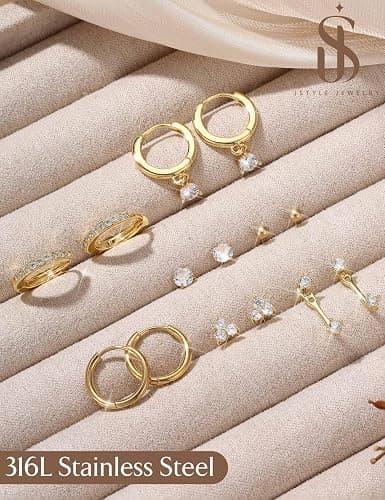 Jstyle Hypoallergenic 14K Gold Plated Stud Hoop Earrings for Women - Surgical Stainless Steel Earrings Trendy Small Hoops Cartilage Earring Stacks Huggie Earring Set for Multiple Piercing Jewelry thumbnail 7