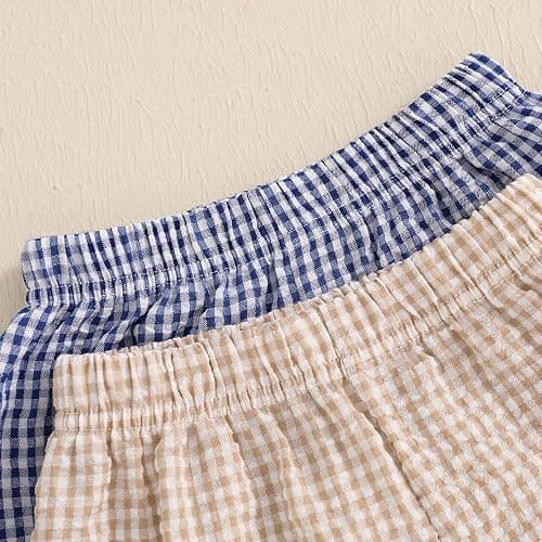 Doisbetthsay 2 Pack Toddler Shorts Boys Girls Elastic Waist Solid Color Gingham Stripe Shorts Bottoms Summer thumbnail 5