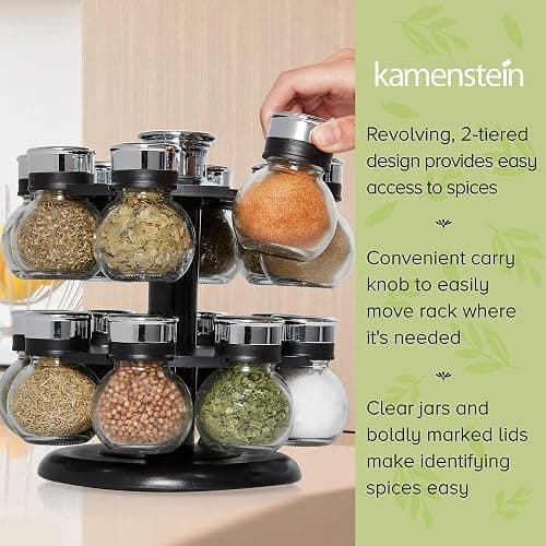 Kamenstein 16 Jar Ellington Revolving Countertop Spice Rack with Lift & Pour Caps and Spices Included, FREE Spice Refills for 5 Years: Black and Chrome thumbnail 7