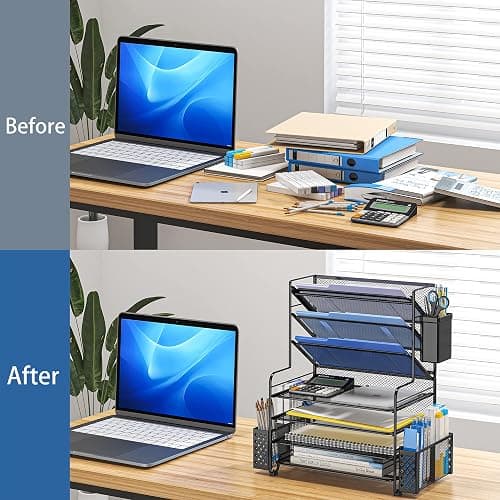 Simple Trending 7 Tier Desk File Organizer, Letter Tray Paper Organizer with Pen Holder and Metal Hanging Basket, Black - Black thumbnail 5