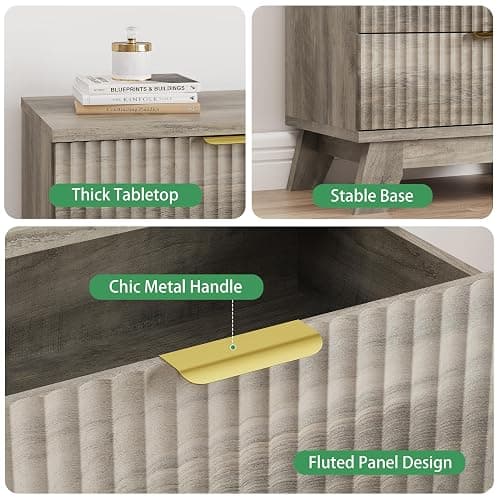 Fluted Nightstand, 24" Wide Side Table with 3 Large Storage Drawers, Mid Century Modern Wood Night Stand with Metal Handle, Wooden Bedside End Table for Bedroom, Living Room, Closet, Grey thumbnail 4