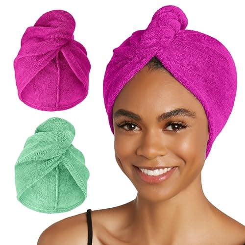 Turbie Twist 2-Pack Microfiber Hair Towel for Beauty, Travel, Gifting - Wrap Turban for Straight, Wavy & Curly Hair - Premium Personal Care - Kelly Green & Wild Aster - Image 1