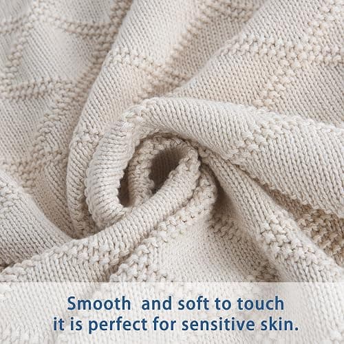 Knit Cotton Throw Blanket Cable Throw 50 x 70 Inch Soft All Season Breathable for Couch Chairs Bed Beach Home Decorative with Silk Bow Tie Package (Beige, Diamond Pattern) thumbnail 3