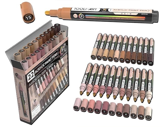 TOOLI-ART 22 Acrylic Paint Markers Paint Pens Pro Color Series Set 3mm Medium Tip for Rock Painting, Glass, Mugs, Wood, Metal, Glass Paint, Canvas, DIY. Non Toxic, Waterbased, Quick Drying (SKIN) - Image 1