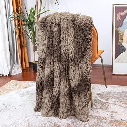 Tuddrom Decorative Extra Soft Faux Fur Blanket Queen Size 80" x 90", Solid Reversible Fuzzy Long Hair Shaggy, Fluffy Plush Fleece Comfy Microfiber Fur for Couch, Sofa, Bed, Tie Dye Brown thumbnail 5