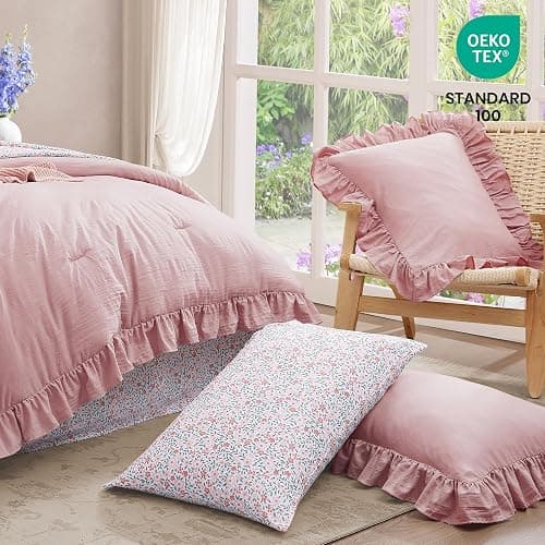 BLOOMHAVEN Twin XL Comforter Set - 5 Pieces Ruffle Soft Pink Bedding Sets, Shabby Chic Farmhouse Bed in a Bag Twin XL with Ruffle Comforter, Floral Sheets, Pillowcases & Shams thumbnail 5