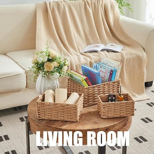 Small Wicker Basket for Organizing, Woven Storage Basket Set of 3 - Handwoven Natural Paper Rope Baskets to Declutter Any Room, Perfect for Organizing and Home Decor thumbnail 3