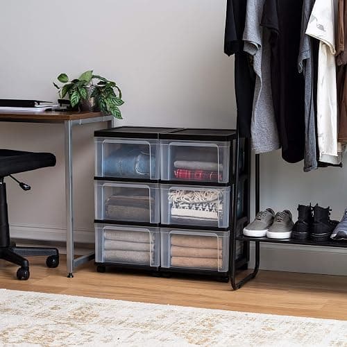 IRIS USA Plastic 3-Drawer Storage Organizer Rolling Cart, with Wheels Casters, 2-Pack, for Classroom Art Supplies Dresser Closet Bathroom Dorm Bedroom Laundry Room, Slim Narrow, Black/Clear - 3 Drawer w/Wheels - Black thumbnail 5