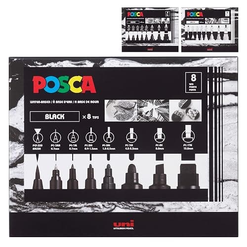 Uni Posca 8-Tip Acrylic Paint Marker Set, Black, Non-Toxic, ACMI Certified, Allows You to Color on Any Surface, Ideal for Graffiti, Fine Art, DIY Projects, and More - Image 1