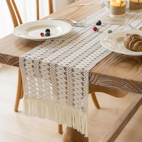 Keketo Boho Table Runner White for Home Décor 12x72 Inches Farmhouse Macrame Burlap Jute Rustic Dining Kitchen Centerpiece Bohemian Decor French Country Bridal Shower Decorations thumbnail 5