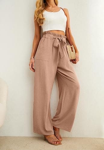 IWOLLENCE Women High Waist Palazzo Pants, Adjustable Knot Ankle Wide Leg Trousers Pockets Beach Vacation Lounge Office thumbnail 3