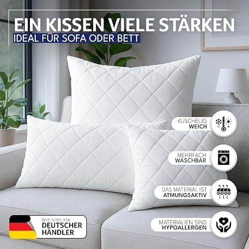 Polyester Kopfkissen (40x40 cm groß) - 2er Set Kissen für Bett und als Dekokissen - Mit Reißverschluss für Füllung - Sofakissen - Zierkissen für Couch und Sofa - Ökotex - Waschbar bis 60° - Weiß thumbnail 2
